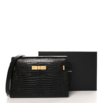 Saint Laurent Shiny Calfskin Crocodile Embossed Manhattan Baguette Black 12 of 12