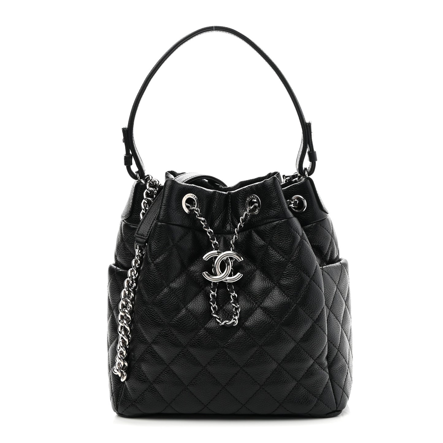 Caviar Quilted Small Chain Bucket Bag Black