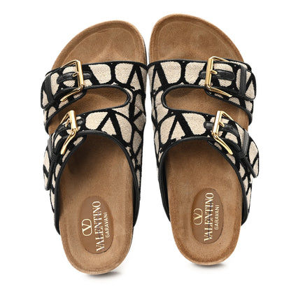 Valentino Garavani Toile Iconographe Vlogo Slide Sandals 38 Naturale Black Fondant 2 of 11