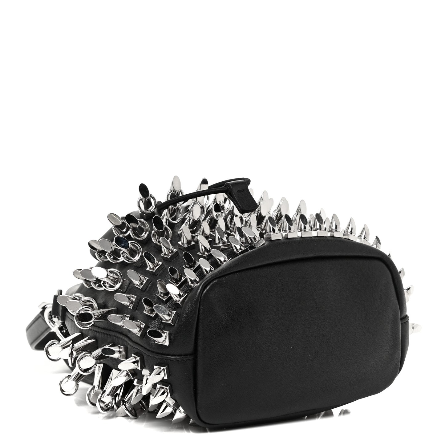 Calfskin Spiked Drawstring Bucket Bag Black