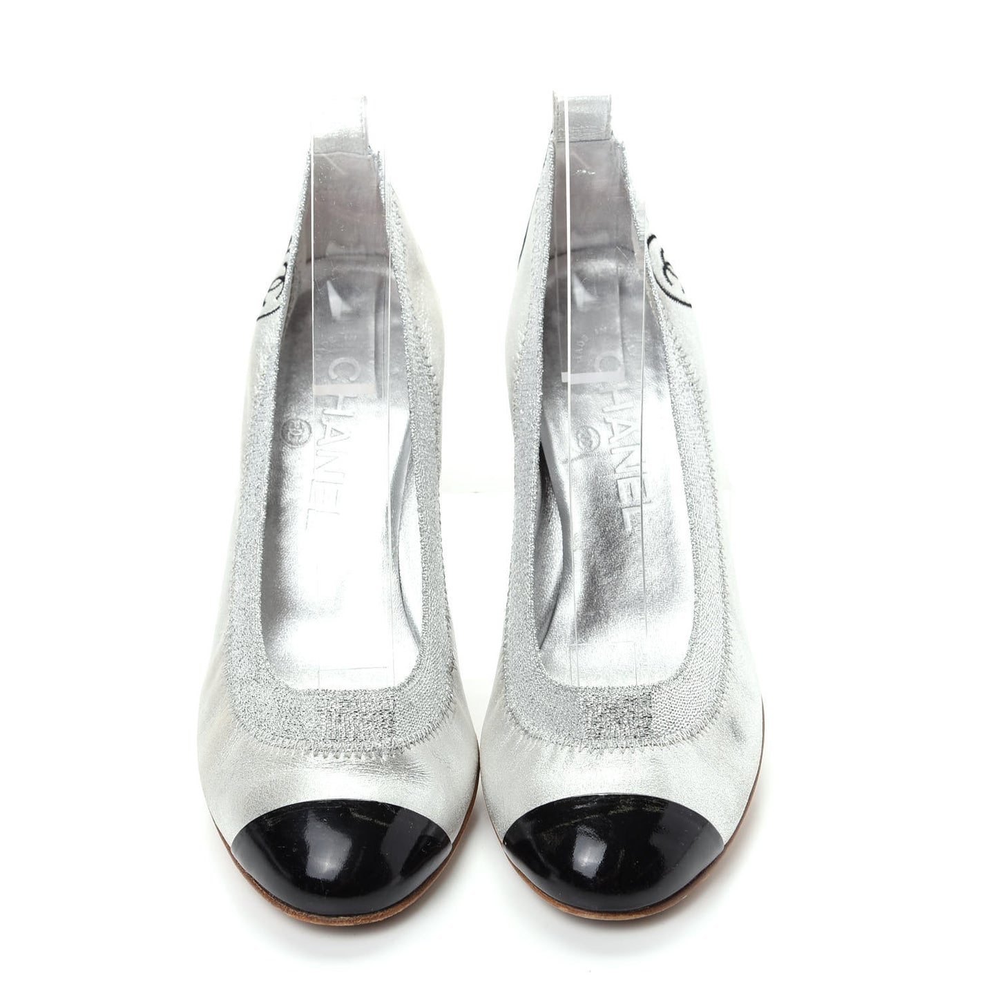 Metallic Lambskin Patent CC Elastic Stretch Pumps 36.5 Silver Black