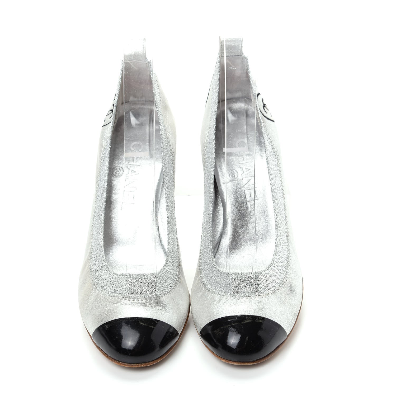 Chanel Metallic Lambskin Patent CC Elastic Stretch Pumps 36.5 Silver Black 5 of 11