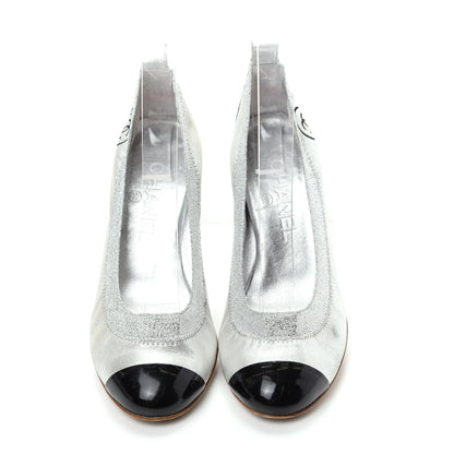 Chanel Metallic Lambskin Patent CC Elastic Stretch Pumps 36.5 Silver Black 5 of 11
