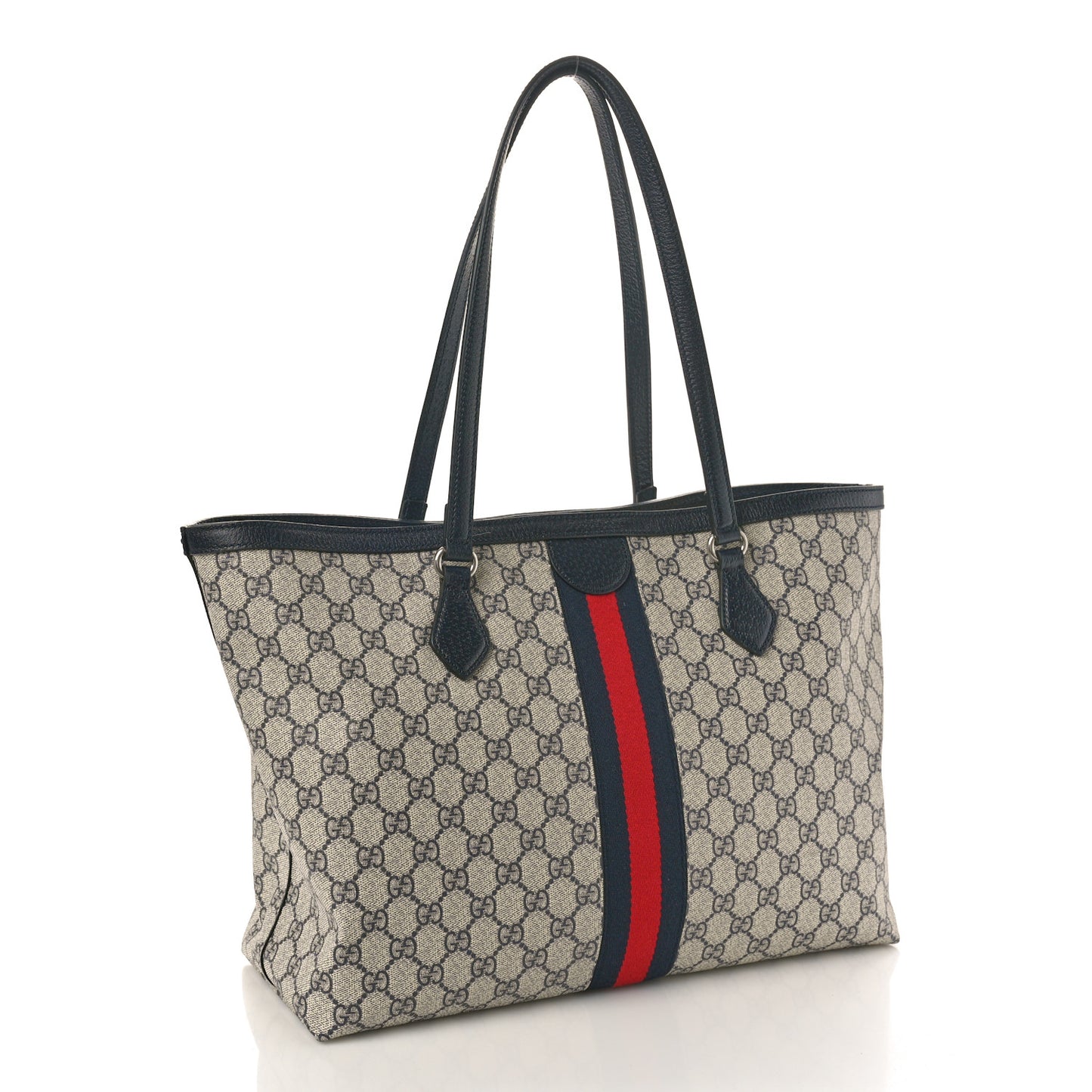GG Supreme Monogram Textured Calfskin Web Medium Ophidia Shopping Tote Beige Blue