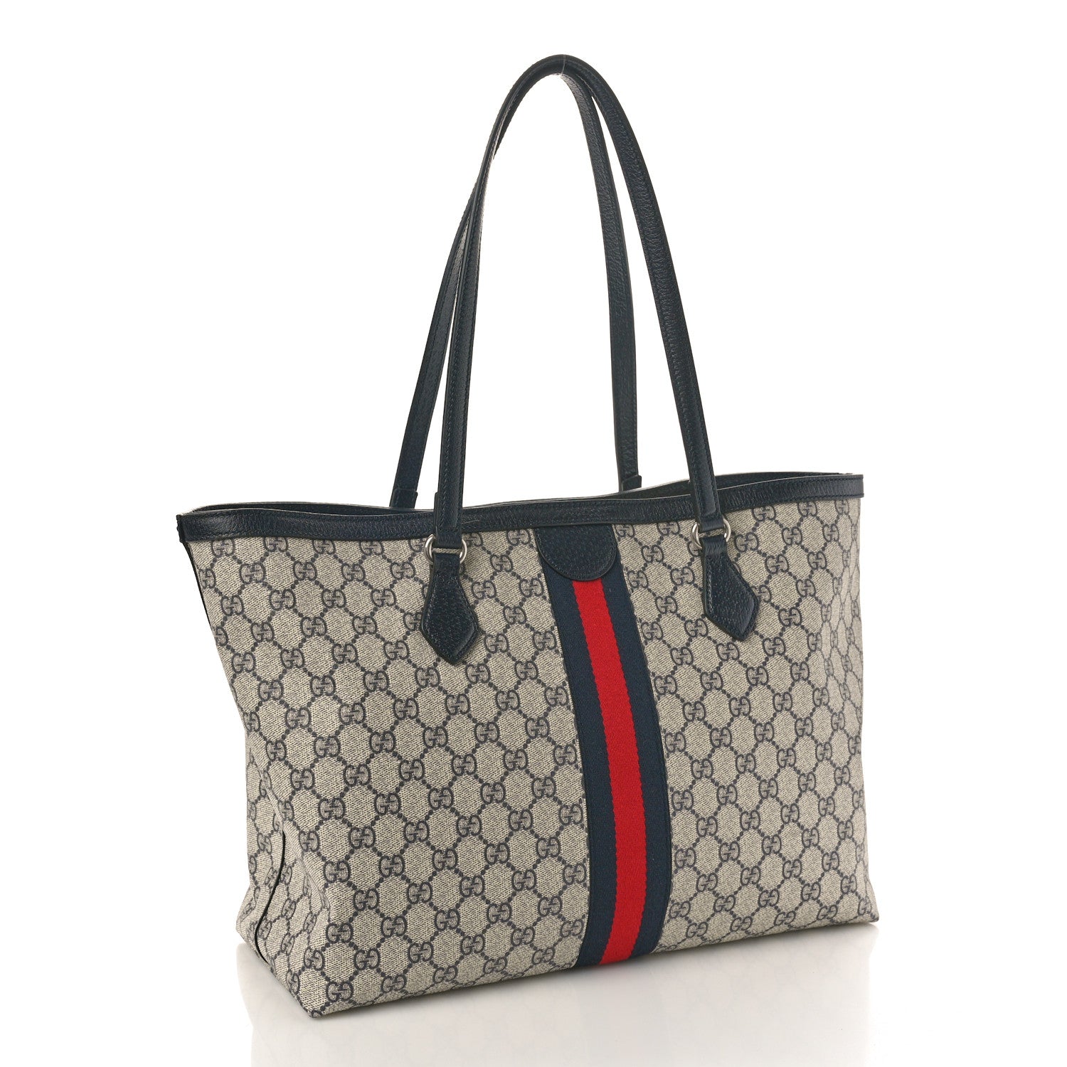 Gucci GG Supreme Monogram Textured Calfskin Web Medium Ophidia Shopping Tote Beige Blue 3 of 10