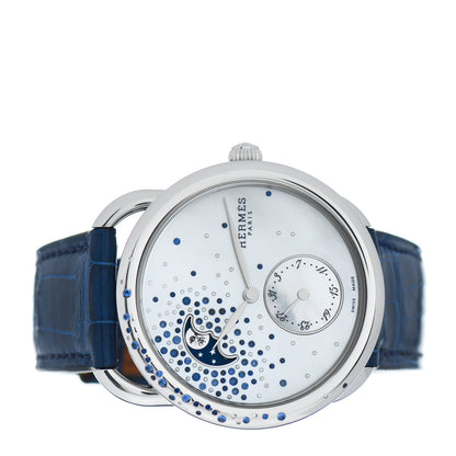 Hermes Stainless Steel Alligator Diamond Blue Sapphire Mother of Pearl 38mm Arceau Petite Lune Automatic Watch Bleu Saphir 2 of 5