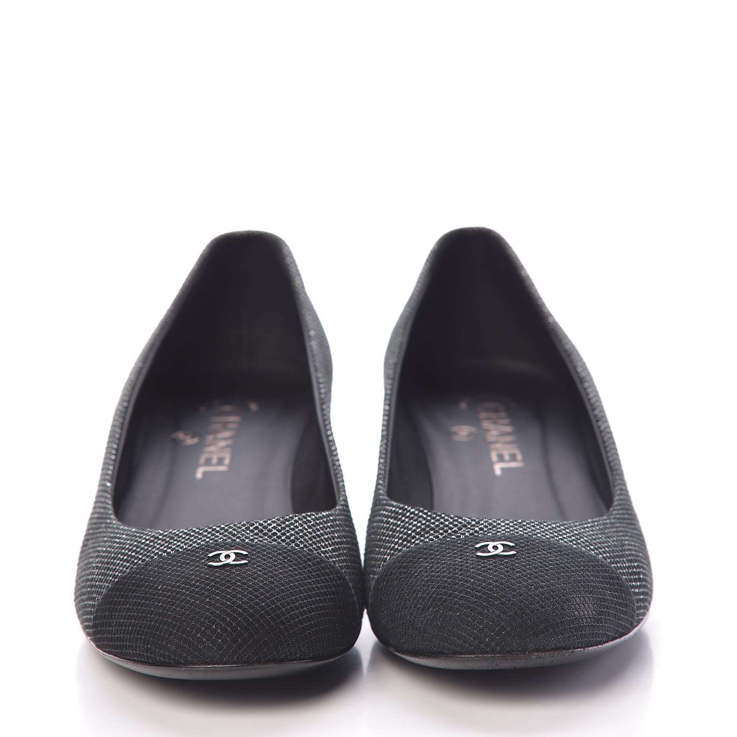 Chanel Metallic Mesh Quilted CC Cap Toe Pumps 38.5 Black Silver 2 of 12