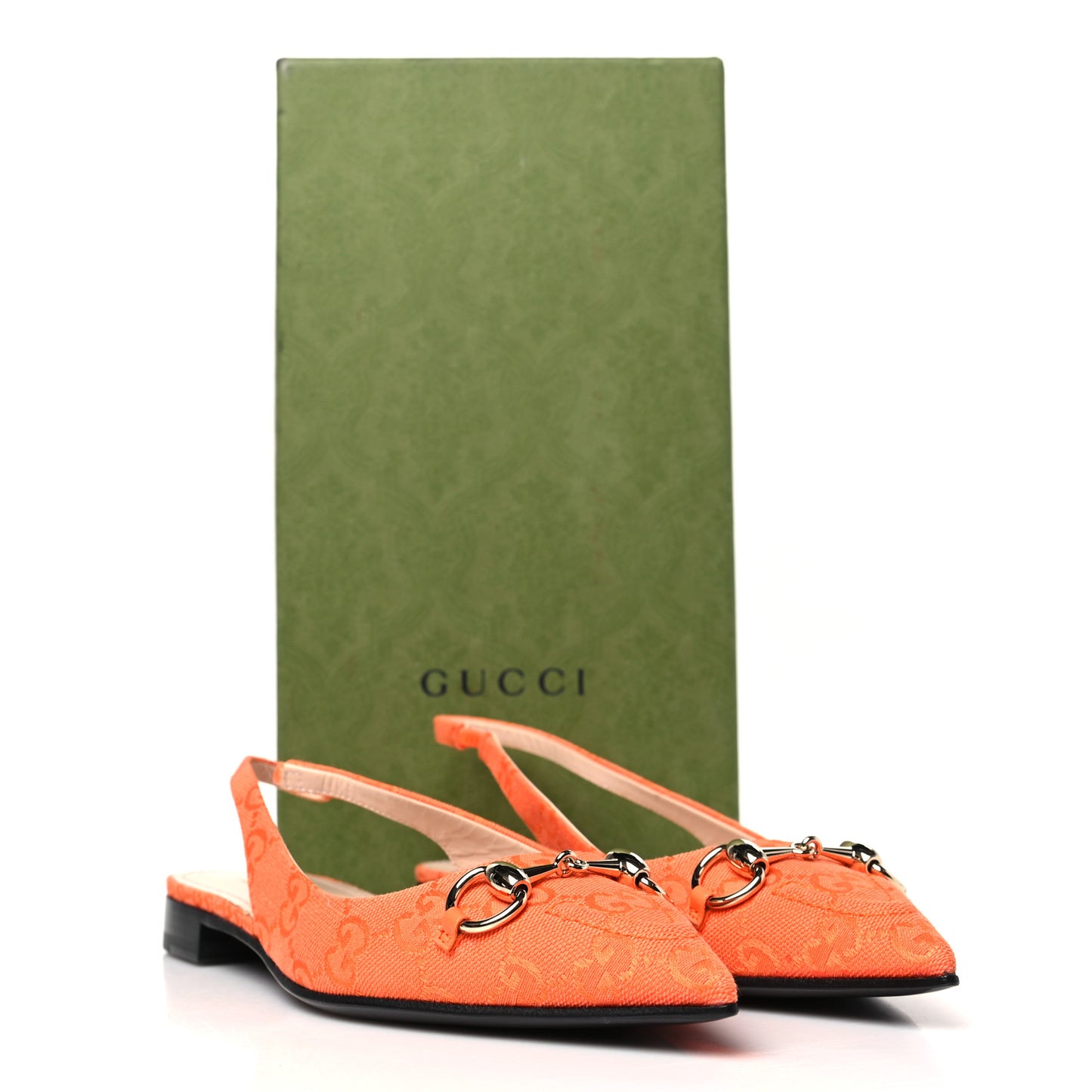 New Canvas GG Monogram Nappa Charlotte Horsebit Womens Slingback Ballet Flat 37.5 Orange