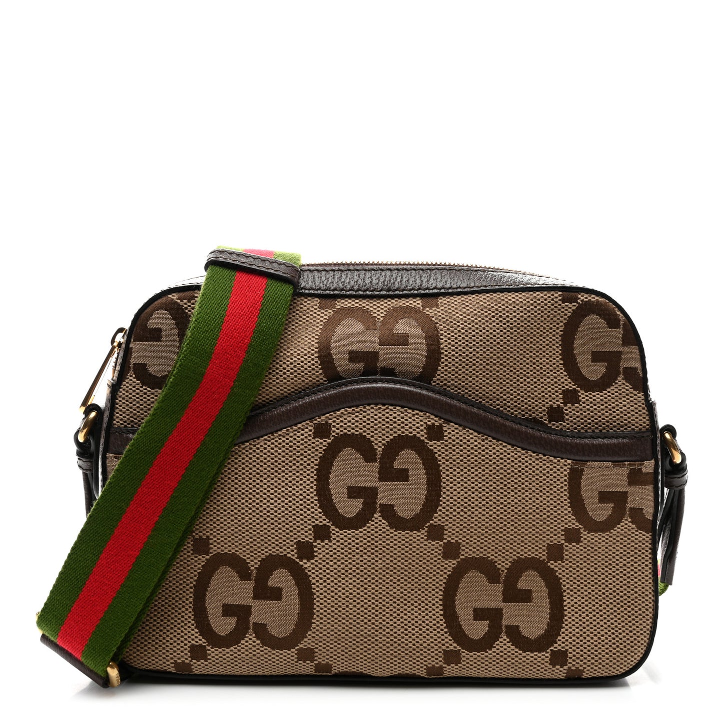 Monogram Jumbo GG Textured Dollar Calfskin Web Messenger Shoulder Bag Camel Ebony New Acero