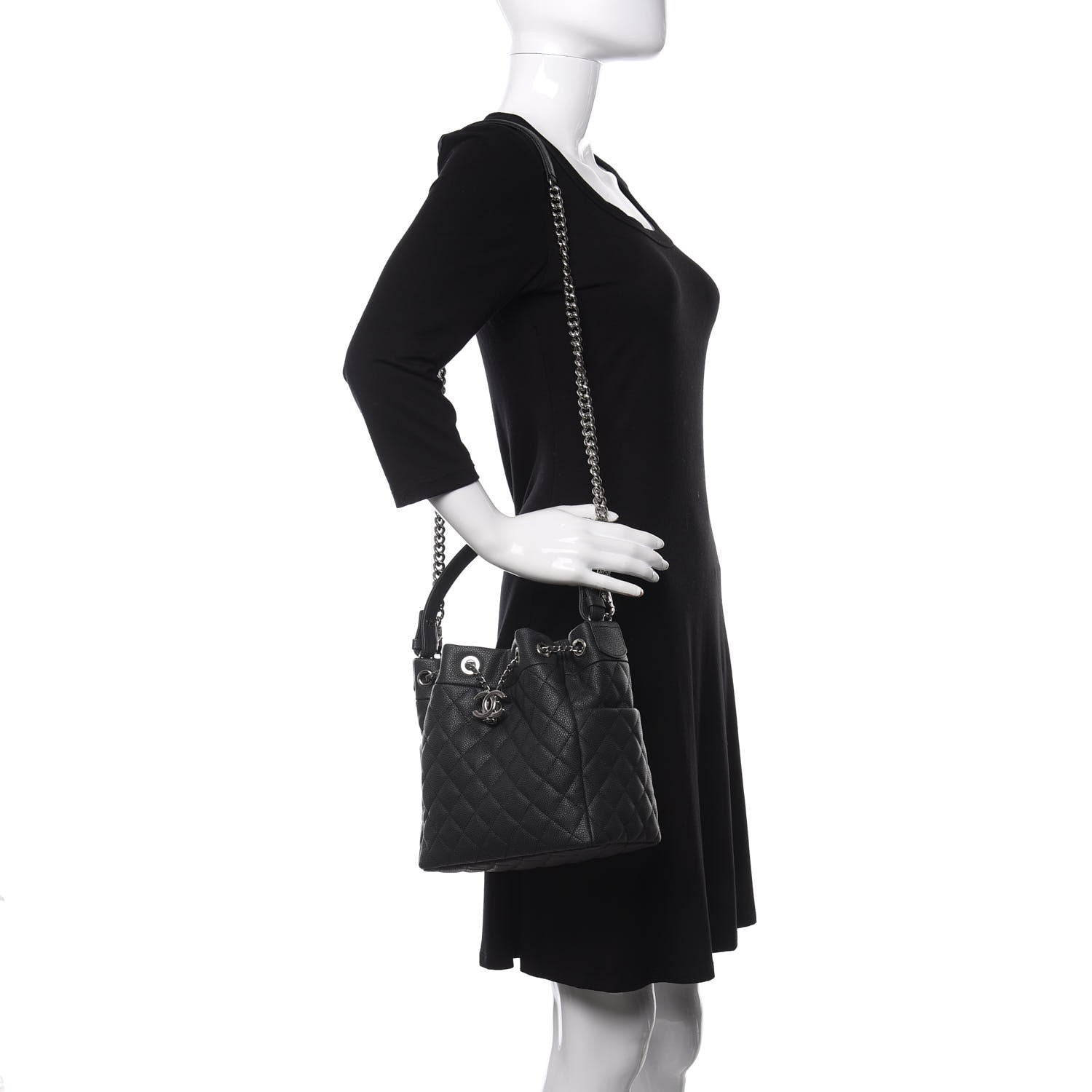 Chanel Caviar Flat Quilted CC Chain Bucket Drawstring Bag Black 2 of 11