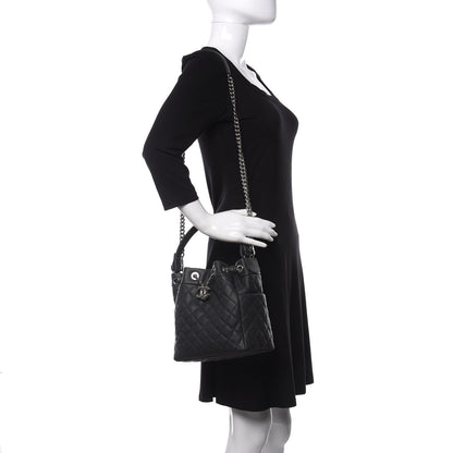 Chanel Caviar Flat Quilted CC Chain Bucket Drawstring Bag Black 2 of 11