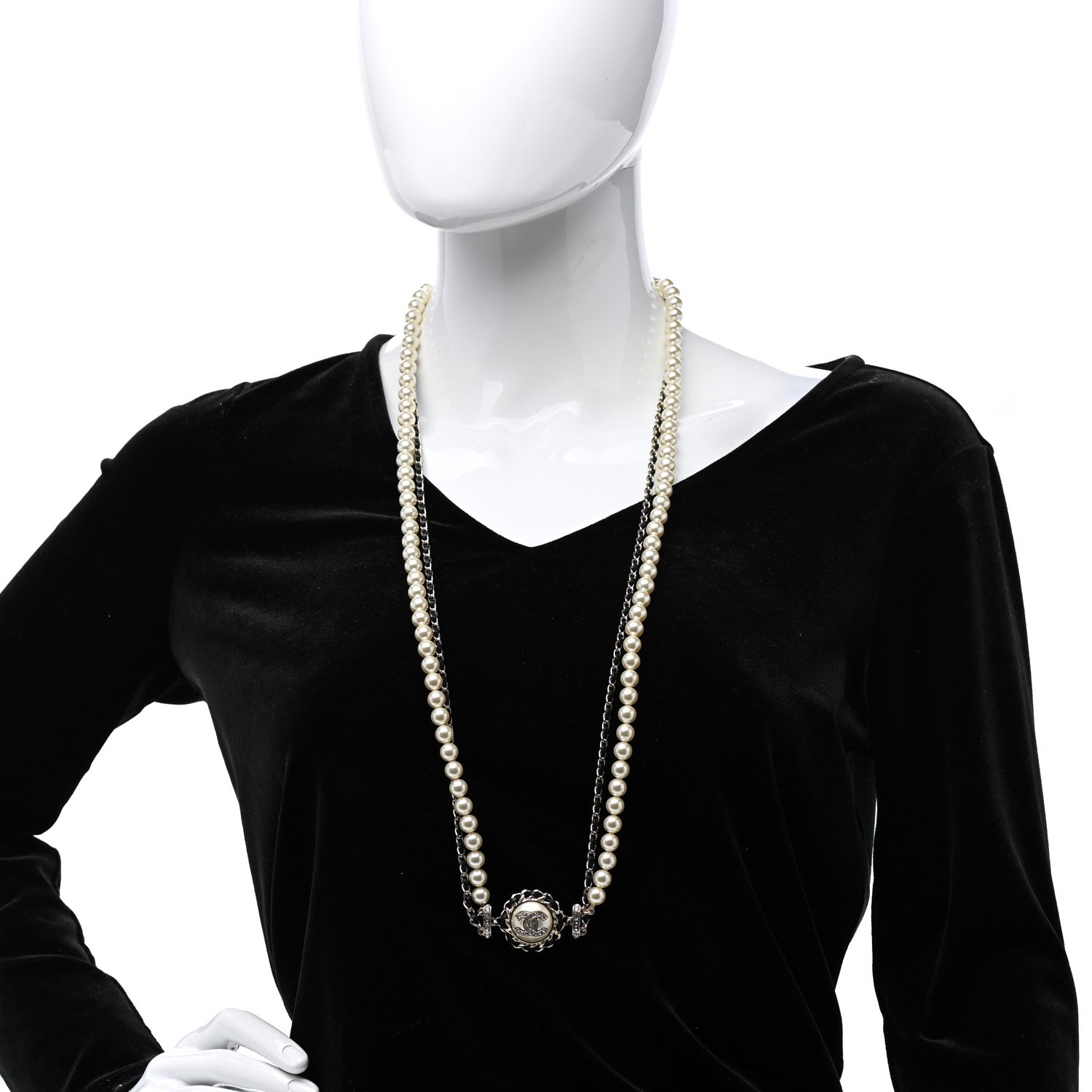 Chanel Pearl Crystal Lambskin CC Long Necklace Gold Black 2 of 7