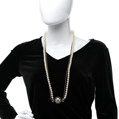 Chanel Pearl Crystal Lambskin CC Long Necklace Gold Black 2 of 7