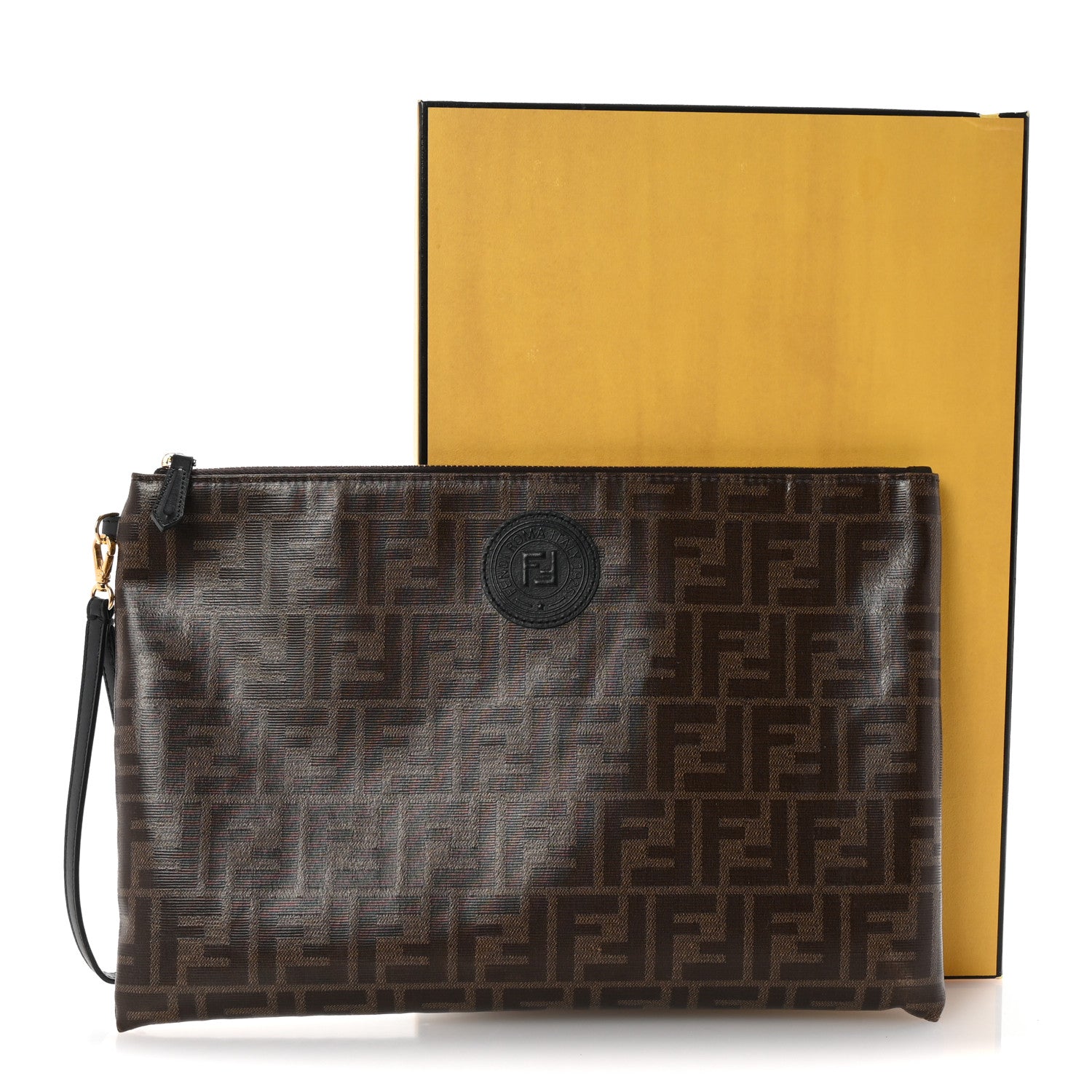 Fendi Glazed Fabric Vitello Century FF 1974 Stamp Patch Large Flat Pouch Mogano Panna Black 8 of 8