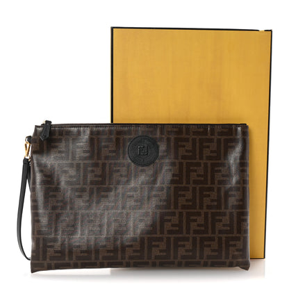 Fendi Glazed Fabric Vitello Century FF 1974 Stamp Patch Large Flat Pouch Mogano Panna Black 8 of 8