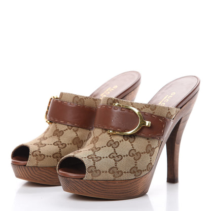 Gucci Monogram Washed Soft Calfskin Platform High Heel Slides 36 Beige Ebony Marrone 3 of 12