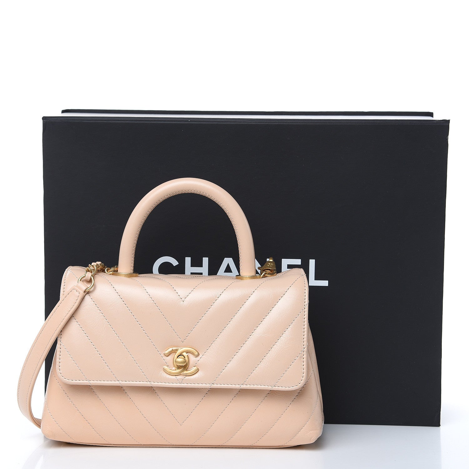 Chanel Calfskin Chevron Quilted Mini Coco Handle Flap Beige 15 of 15