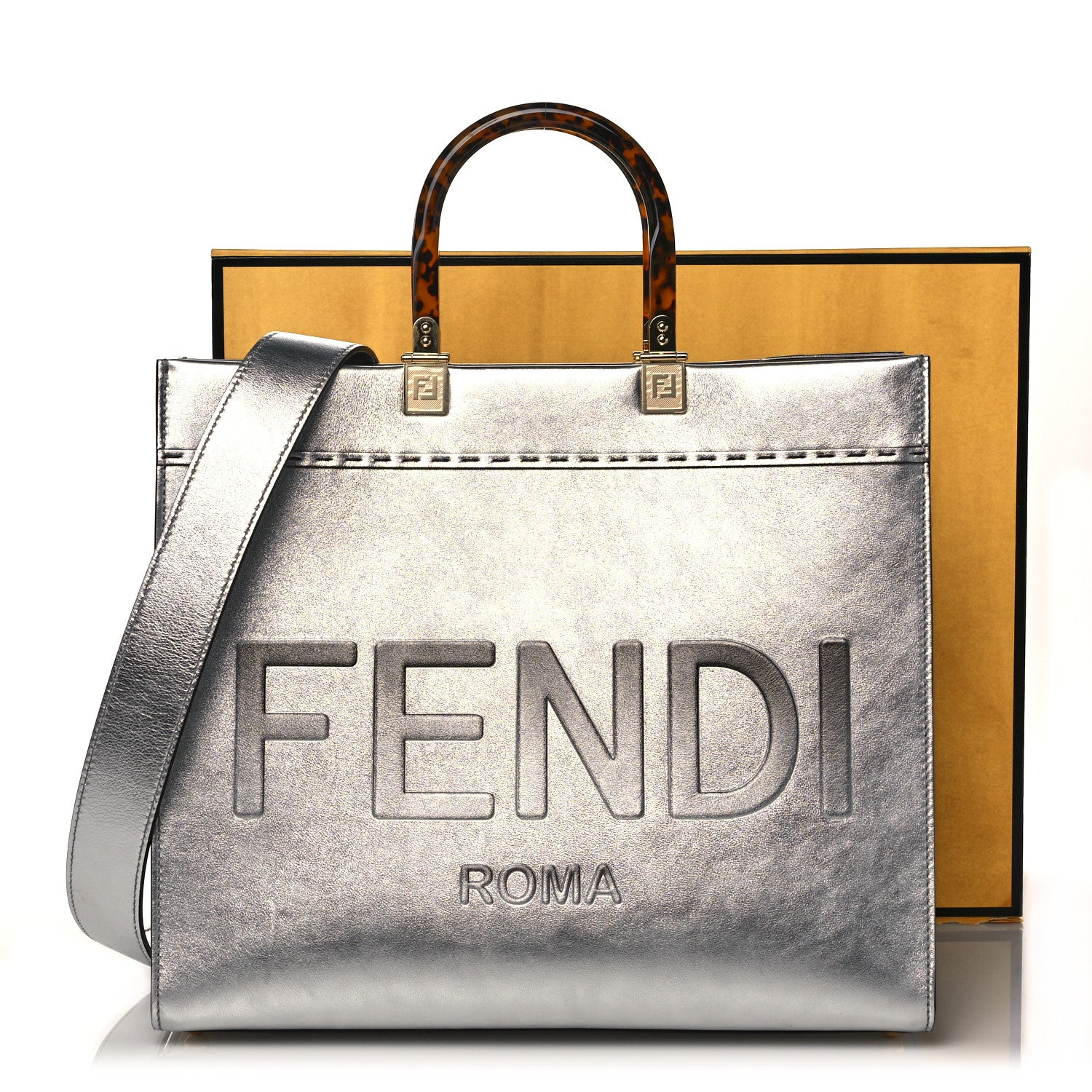 Fendi Vitello Catalan Mirror Plexiglass Logo Embossed Medium Fendi Sunshine Shopper Tote Argento 11 of 11