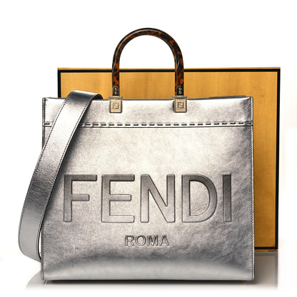 Fendi Vitello Catalan Mirror Plexiglass Logo Embossed Medium Fendi Sunshine Shopper Tote Argento 11 of 11