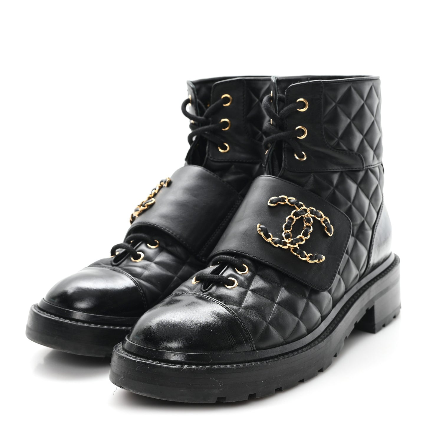 Shiny Calfskin Quilted Lace Up Combat Boots 38.5 Black
