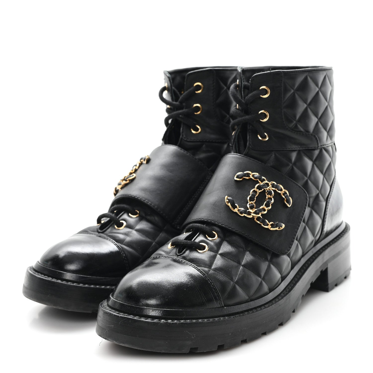 Chanel Shiny Calfskin Quilted Lace Up Combat Boots 38.5 Black 4 of 11