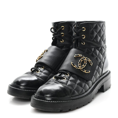 Chanel Shiny Calfskin Quilted Lace Up Combat Boots 38.5 Black 4 of 11