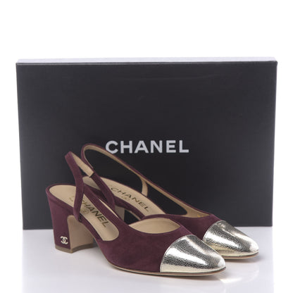 Chanel Kid Suede Metallic Lambskin Cap Toe CC Slingback Pumps 36 Burgundy Gold 9 of 9