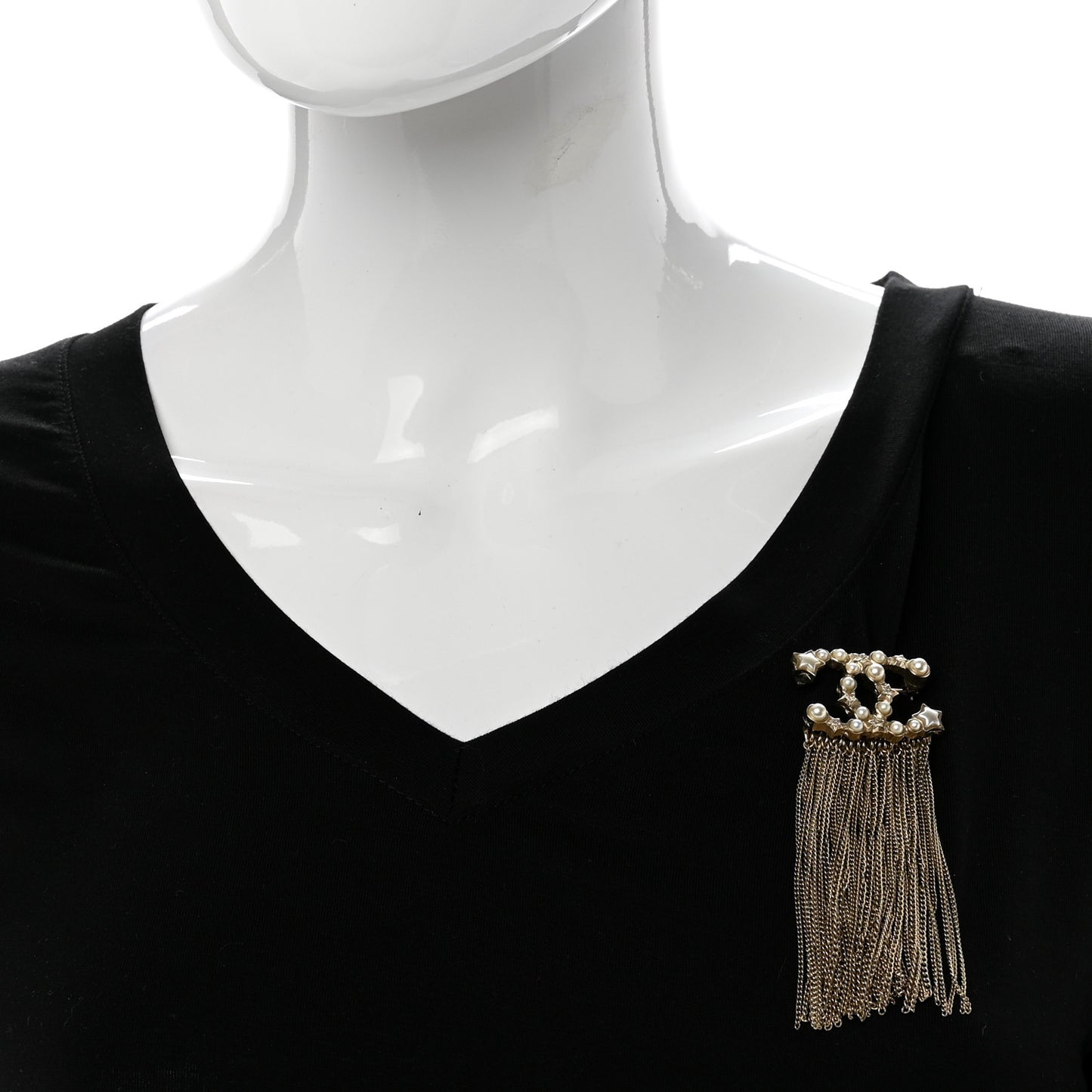 Metal Pearl Chain Fringe CC Brooch Gold
