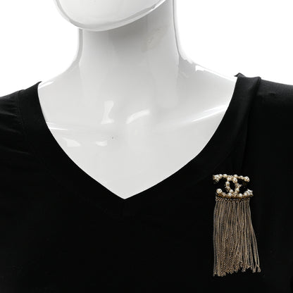 Chanel Metal Pearl Chain Fringe CC Brooch Gold 2 of 4