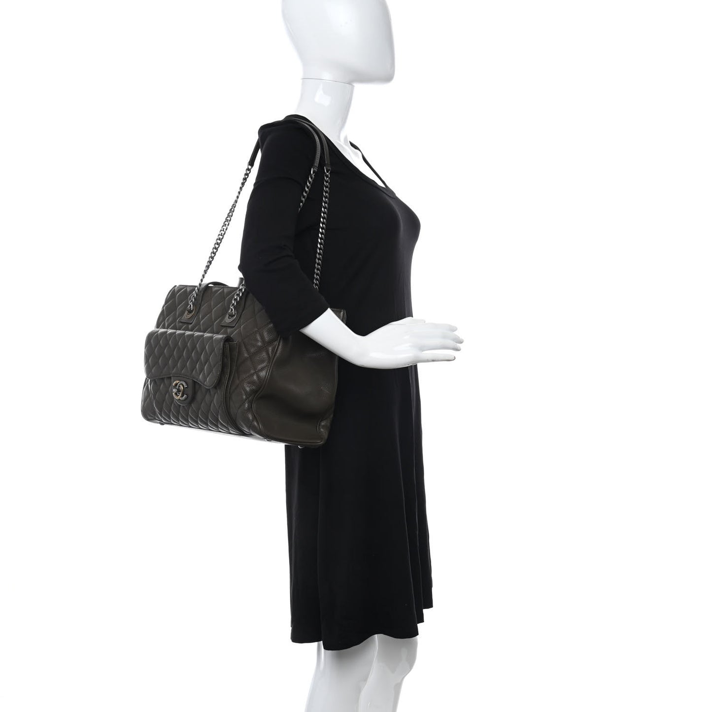 Caviar Quilted Large Casual Pocket Tote Khaki