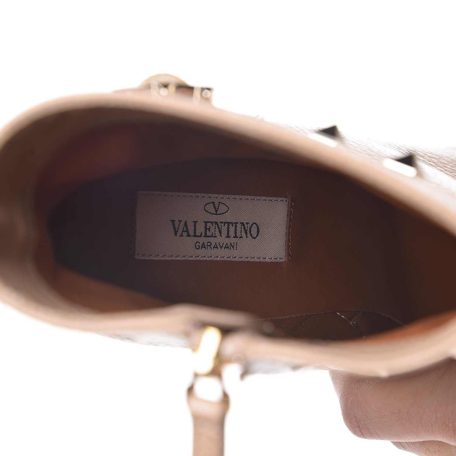 Valentino Garavani Pebbled Calfskin Rockstud Single Buckle 90mm Block Heel Ankle Boots 38.5 Camel Rose 7 of 8