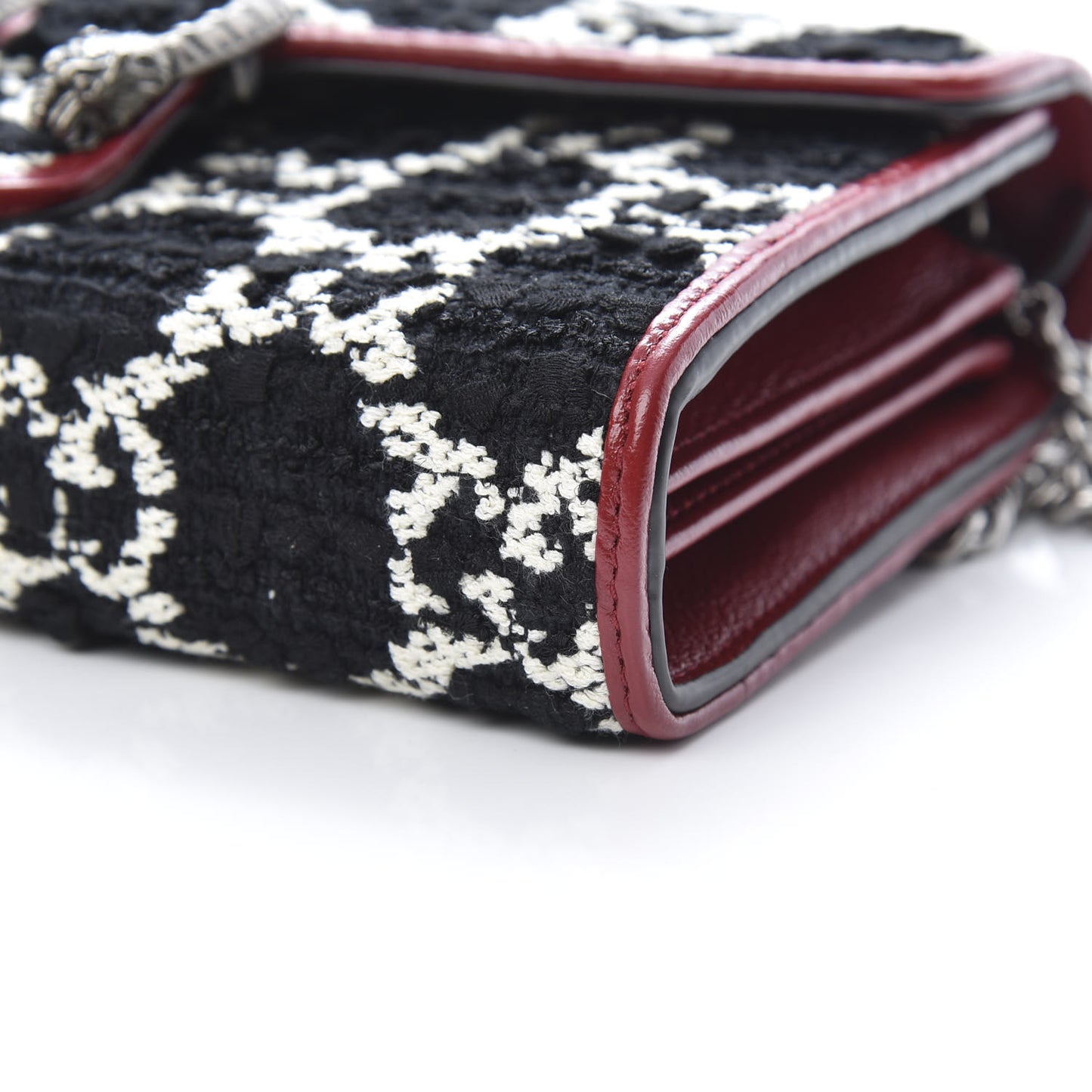Tweed GG Monogram Mini Dionysus Chain Wallet Black White Romantic Cherry