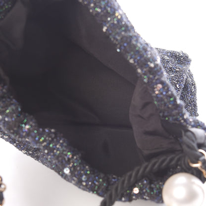 Chanel Tweed Sequin Pearl Drawstring Chain Bag Black Navy 5 of 10