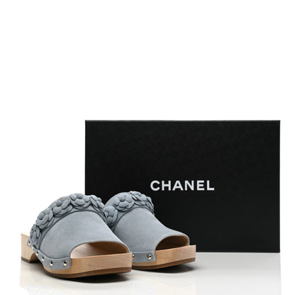 Chanel Suede Calfskin Camellia Mules 38 Light Blue 9 of 9