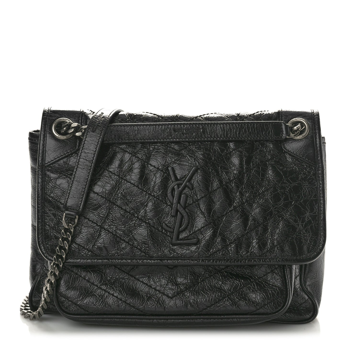 Crinkled Calfskin Matelasse Monogram Medium Niki Chain Satchel Black