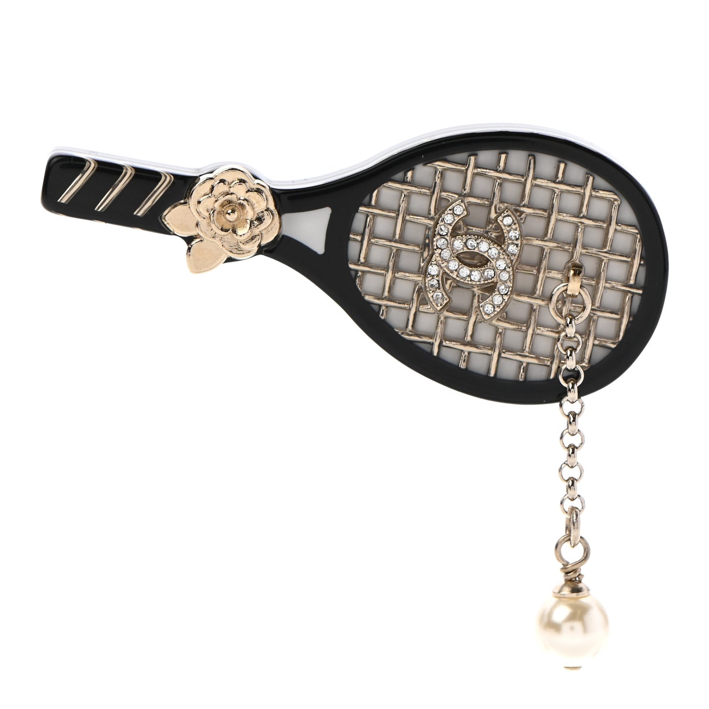 Pearl Strass Resin Crystal CC Tennis Racket Brooch Gold Black Pearly White