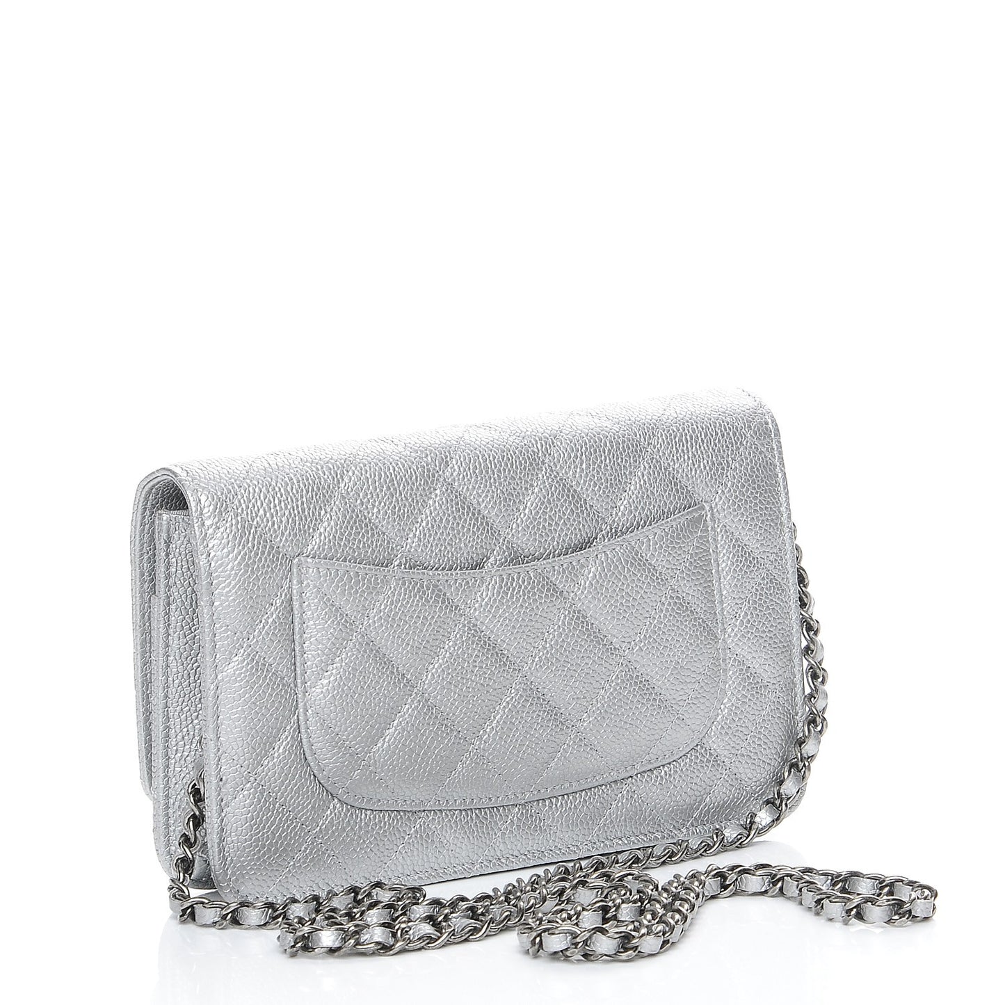 Metallic Caviar Quilted Wallet on Chain WOC Silver