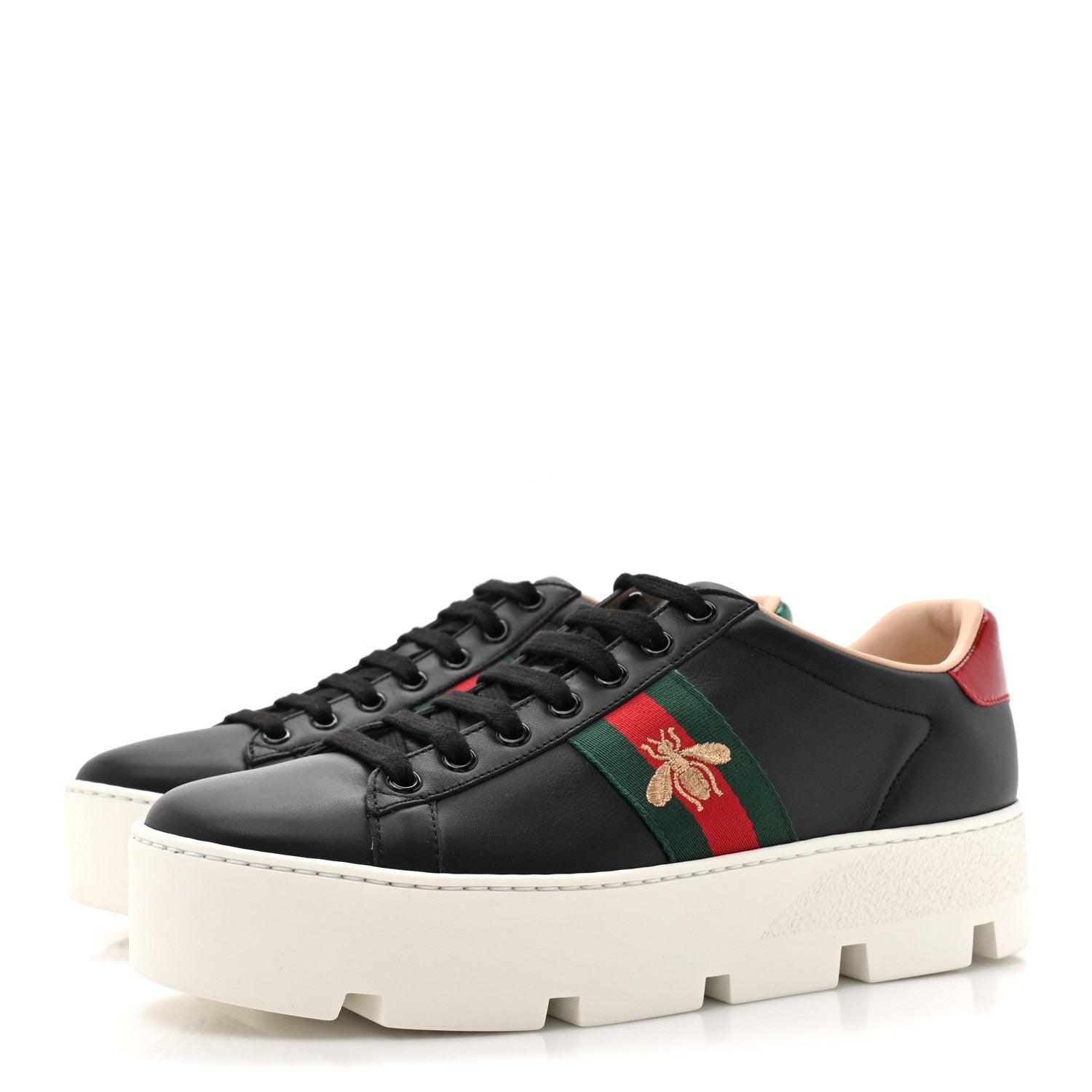 Gucci Calfskin Web Bee Embroidered Womens Ace Platform Sneakers 39 Black 3 of 9