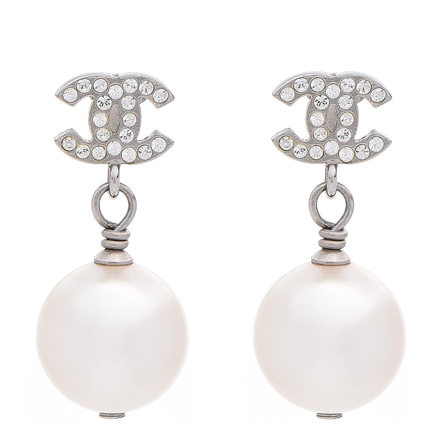 Chanel Crystal Pearl CC Drop Earrings Silver 1 of 5