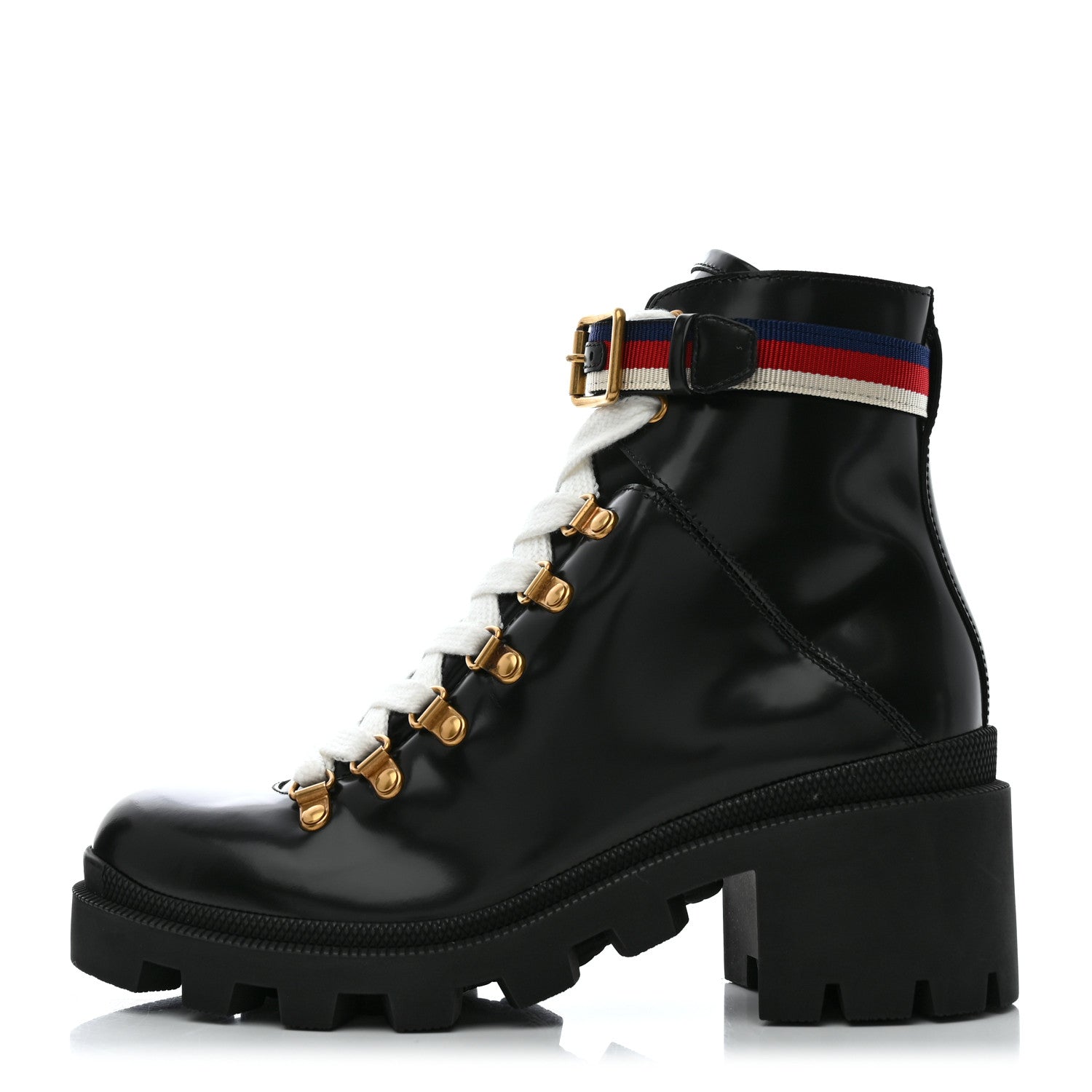 Gucci Calfskin Sylvie Web Womens Lace Up Combat Boots 38.5 Black 1 of 9
