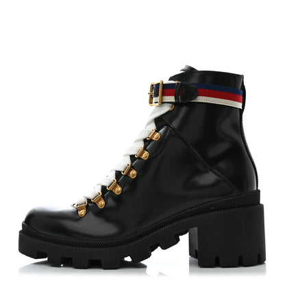 Gucci Calfskin Sylvie Web Womens Lace Up Combat Boots 38.5 Black 1 of 9