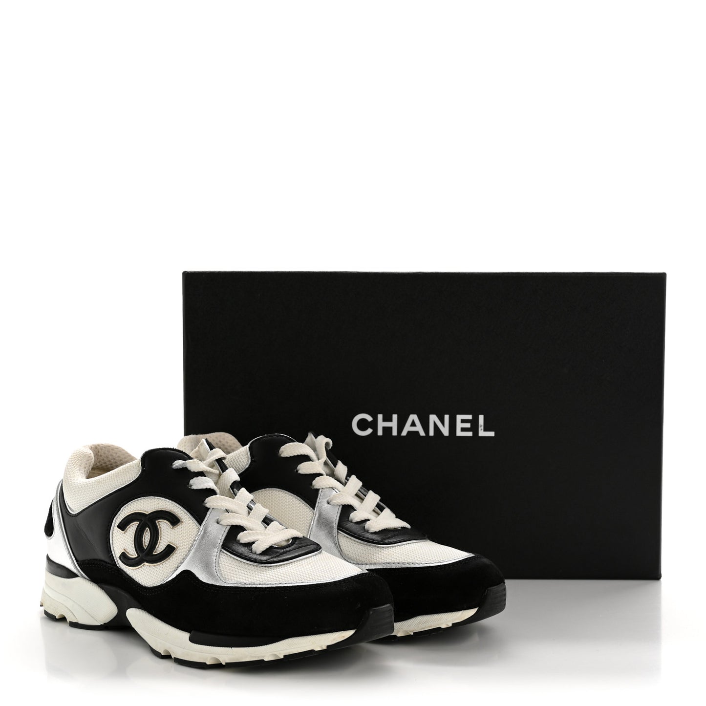 Mesh Suede Calfskin Grained Calfskin Womens CC Sneakers 38 Black White Silver