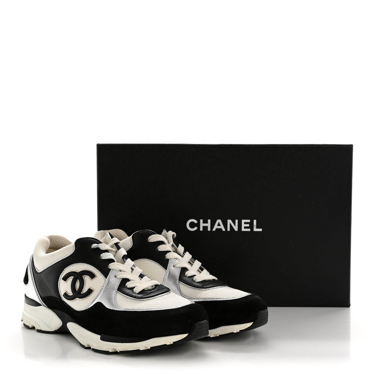 Chanel Mesh Suede Calfskin Grained Calfskin Womens CC Sneakers 38 Black White Silver 12 of 12
