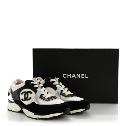 Chanel Mesh Suede Calfskin Grained Calfskin Womens CC Sneakers 38 Black White Silver 12 of 12