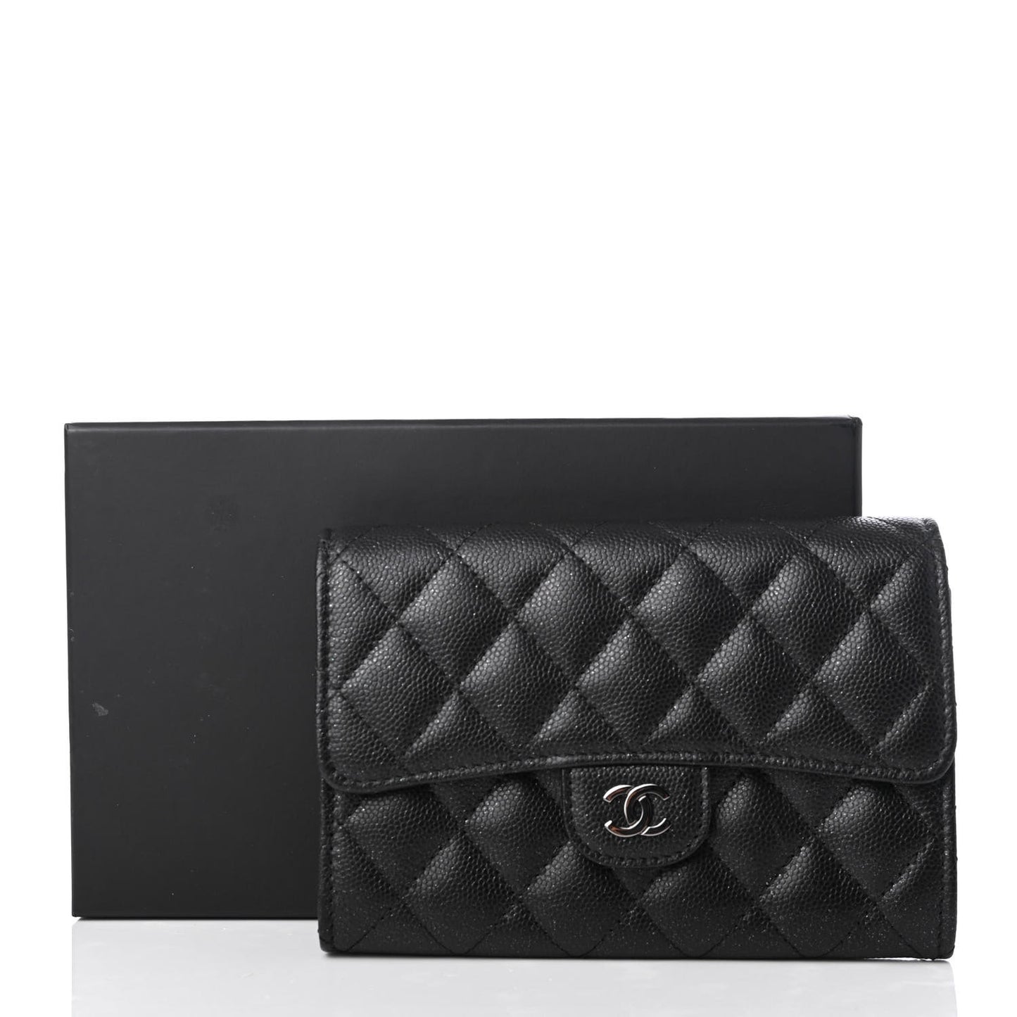 Iridescent Caviar Quilted Medium Flap Wallet Black