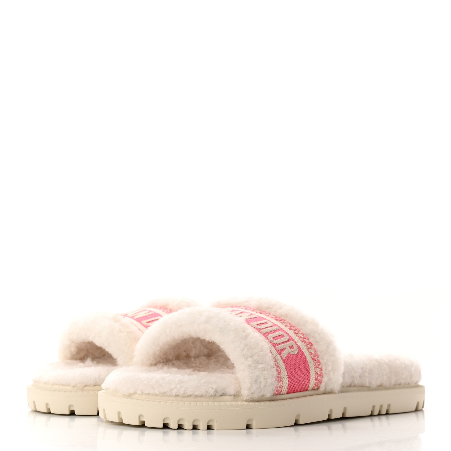 Christian Dior Shearling Canvas Embroidered Dway 10mm Slide Sandals 37.5 Pink White 3 of 9