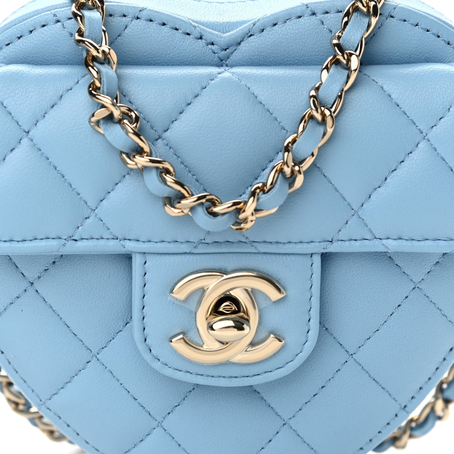 Lambskin Quilted CC In Love Heart Clutch With Chain Light Blue