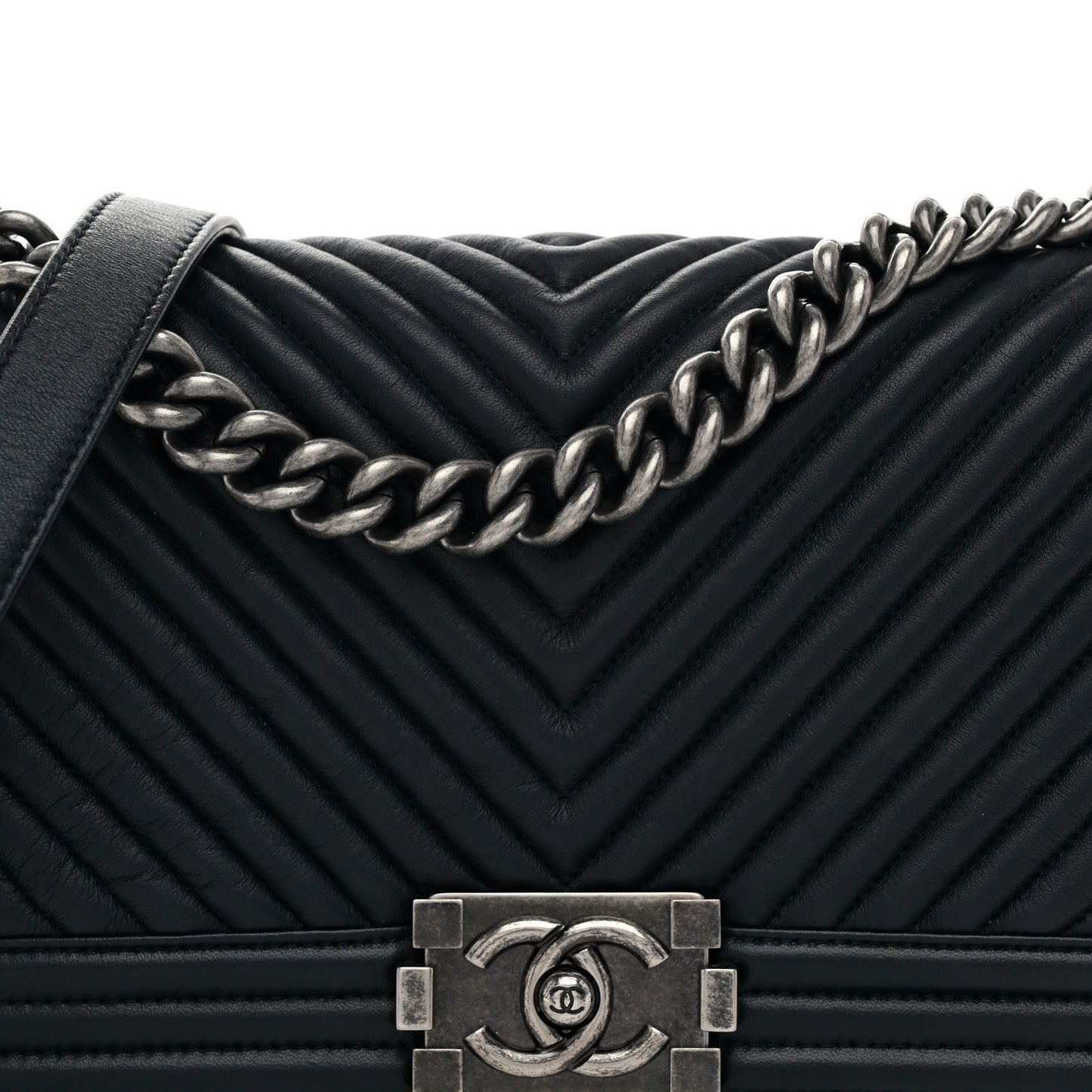 Calfskin Chevron Quilted Medium Boy Flap Navy Blue