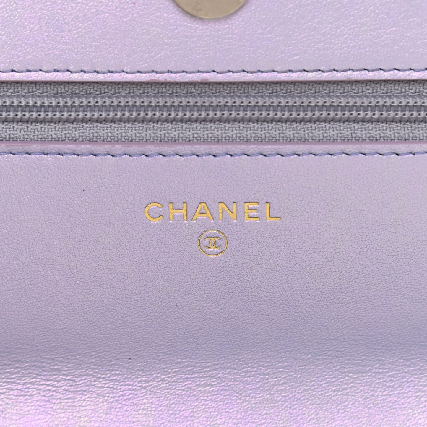 Iridescent Calfskin Quilted Chanel 19 Wallet On Chain WOC Light Purple