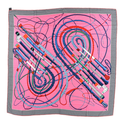 Hermes Silk Cashmere Fouets Et Badines Bandana Shawl 140 Rose Vif Bleu Rouge 1 of 4
